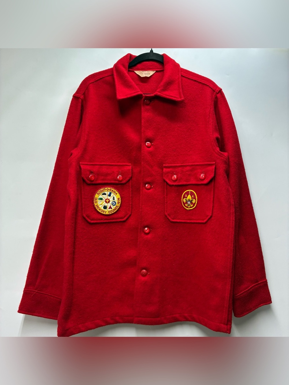 Vintage 60s 70s Boy Scouts BSA Official wool shirt jacket shacket Red Patches